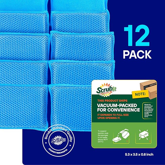 SCRUBIT Reusable Sponges for Dishes - 12 Pack Microfiber Sponges Kitchen Dish Scrubber, Machine Washable & Non-Scratch Scrubbers (Blue)