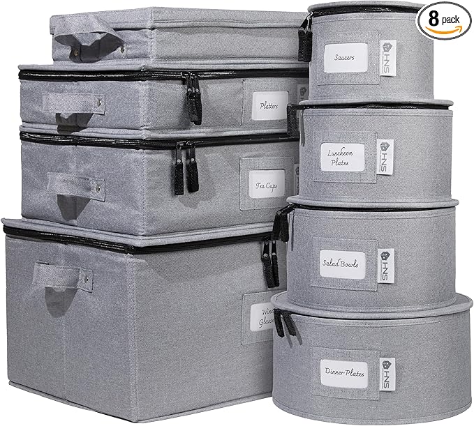 China Storage Hard Shell Containers 8-Piece Set Moving Boxes for Dinnerware, Glasses, Plates, Mugs and Saucers Sturdy Dish Organizer with Dividers for Seasonal Storage - Service for 12 - Gray