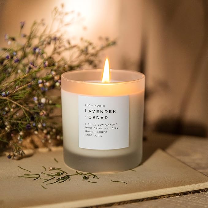 Slow North Lavender + Cedar Candle - Essential Oils and Pure Soy Wax Candle in a Reusable Frosted Glass Jar - A Unique Scented Candle Hand-Poured in The USA (8 oz)