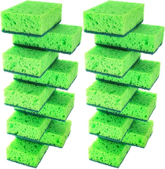 Okleen Green Multi Use Scrub Sponge. Made in Europe. 18 Pk, 4.3x2.8x1.4 inches. Odorless Heavy Duty and Non Scratch Fiber. Thick, Durable and Delicate Scrubber for Pans, Bowls, Jars, Sink, Floor