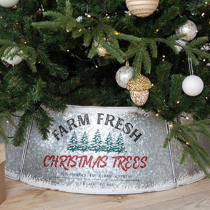 Hallops Galvanized Christmas Tree Collar - Oversized, Adjustable Metal Collar Ring for Large to XL Christmas Trees - Rustic Stand Up Tree Skirt with Distressed White Finish for Indoor Holiday Decor
