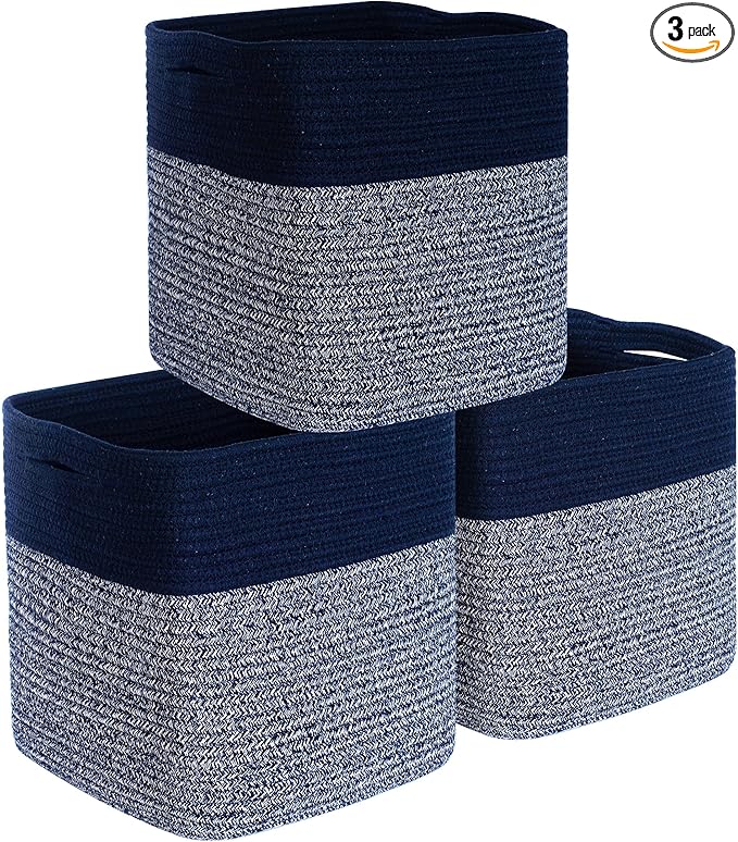 MINTWOOD Design 3-Pack 11x11in Woven Cube Storage Bin and Shelf Baskets, Cute Decorative Square Organizer for Closet, Classroom, Bathroom, Dog and Cat Toys, and Books, Navy Blue