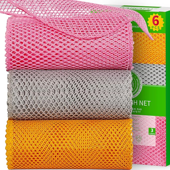 BAIKAFU 6Pcs Dish Wash Net,Innovative Mesh Cloth,Ultra Non-Scratch Dish Rags for Washing Dishes,100% No Odor/Quick Dry,Perfect Scrubber,Dish Sponges for Washing Dishes Yellow/Pink/Gray