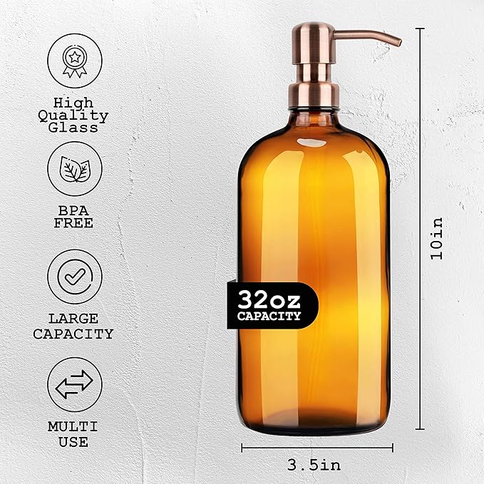 Kitchentoolz Large Pump Bottle - 32 Ounce Glass Shampoo and Soap Dispenser - Amber