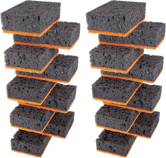 Okleen Black & Orange Multi Use Scrub Sponges. Made in Europe. 18 Pack, 4.3x2.8x1.4 inches. Heavy Duty and Non Scratch Fiber. Odorless Durable and Delicate Halloween Holiday Sponges