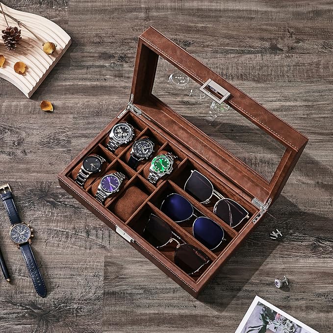 BEWISHOME Watch Box 6-Slot Watch Case and 3-Slots Sunglasses Box for Men, Sunglasses Storage with Large Glass Lid, Jewelry Box for Men Women Brown SSH18Z