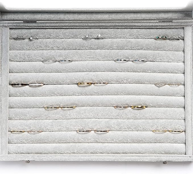 Frebeauty Rings/Earrings Organizer Tray with Clear Lid 10 Slots Velvet Drawer Insert Jewelry Storage box with Glass lid Jewelry Display Case Showcase Gift for Girls Women (Grey, 10 Slots)
