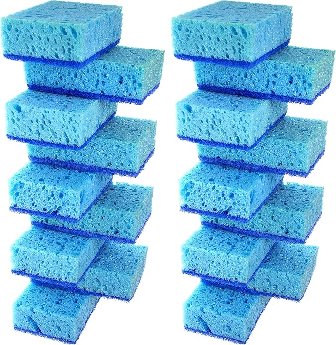 Okleen Blue Multi Use Scrub Sponge. Made in Europe. 18 Pack, 4.3x2.8x1.4 inches. Heavy Duty and Non Scratch Fiber. Odorless, Durable. Delicate Scouring Surface