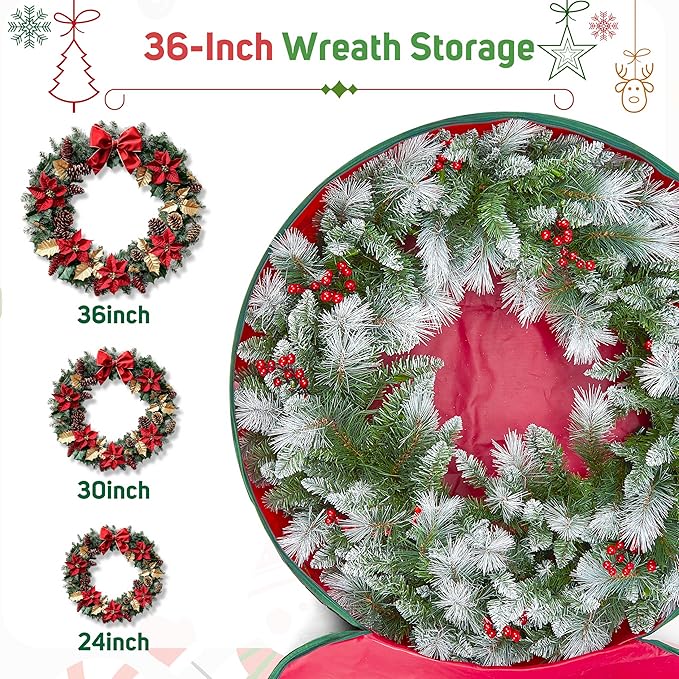 ELONG HOME 36 Inch Wreath Storage Container, 1 Pack Deluxe Wreath Storage Bag with Dual Zippers, Easy Access Christmas Wreath Storage Bag with Carry Handles and Clear Label Pocket